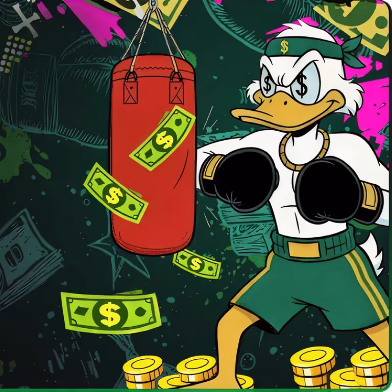 Alt Text: The Casho.Bet duck mascot as a boxer wearing green shorts and black gloves, training next to a red punching bag amidst falling dollar bills.