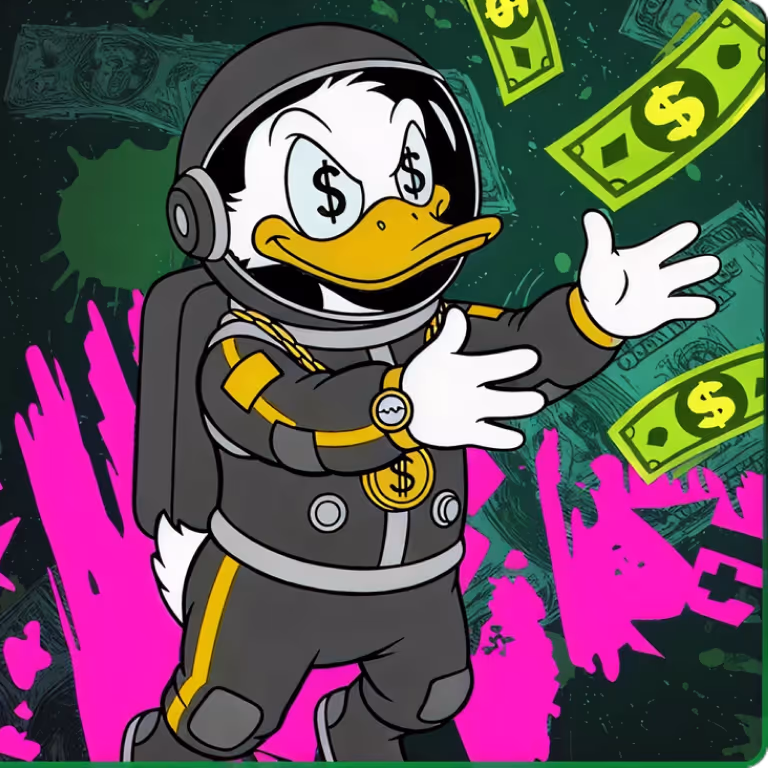 Alt Text: An astronaut cartoon duck character for Casho.Bet wearing a futuristic grey and gold spacesuit with dollar signs in his eyes, gesturing against a background of flying cash.